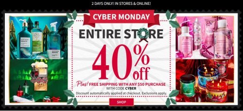 <div>Bath & Body Works Canada Cyber Monday Sale: Save 40% on Everything + Free Shipping on $50 with Promo Code</div>