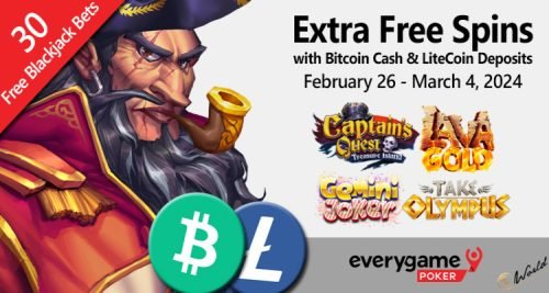 Everygame Poker Awards 20 Extra Free Spins to Bitcoin Cash and LiteCoin Deposits from February 26 to March 4, 2024  ‌