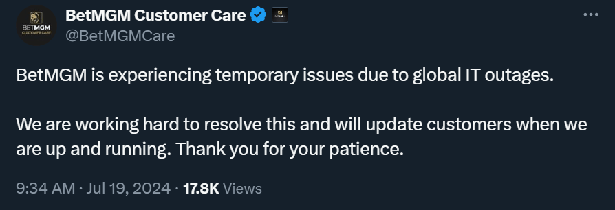 BetMGM Currently Down Due to Global IT Outages