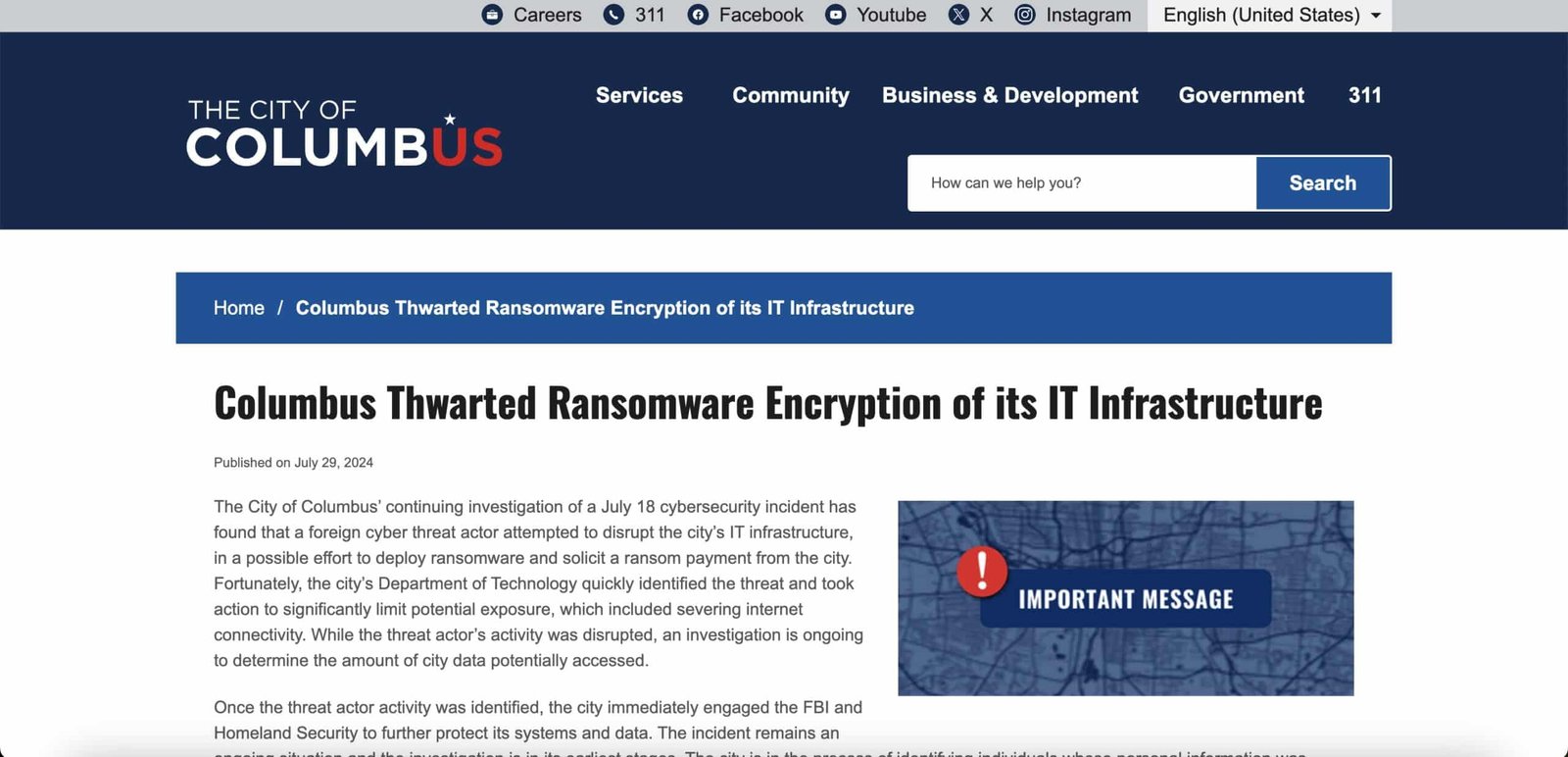 Ransomware gang Rhysida claims the recent attack on the City of Columbus, Ohio – 6.5TB stolen