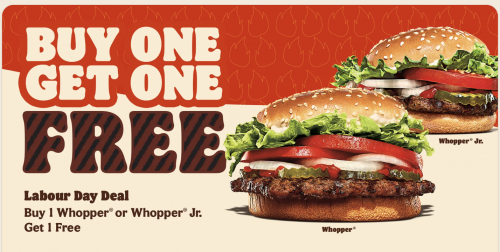 Burger King Canada Labour Day Deal: Buy 1 Whopper or Whopper Jr, Get 1 FREE