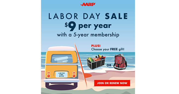 AARP Labor Day Sale! Only $9 per year with a 5-year membership! Plus get a Free Insulated Trunk Organizer or Red and Gray Spider Splash Day Bag!