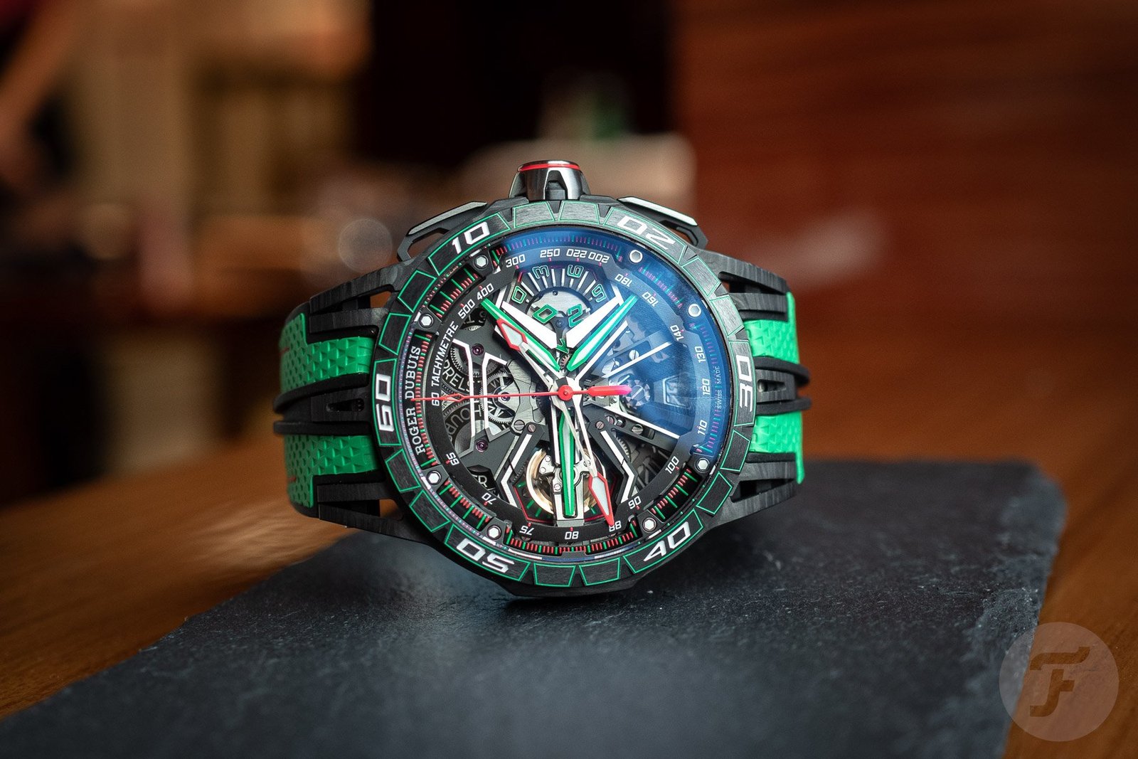 Ready To Race With The Roger Dubuis Excalibur Spider Flyback Chronograph In “Lambo” Verde Mantis