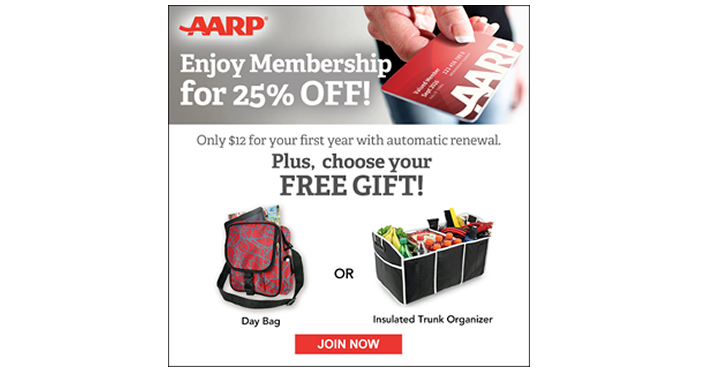 AARP for $12 + Get a Free Insulated Trunk Organizer or Red and Gray Spider Splash Day Bag!