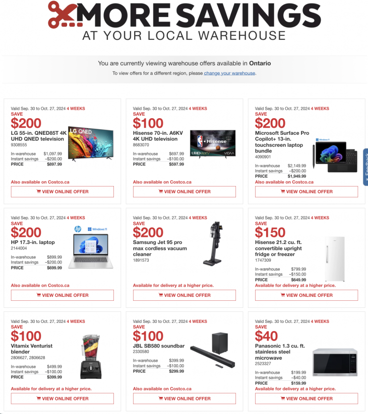 Costco Canada Coupons/Flyers Deals at All Costco Wholesale Warehouses in Canada, Until October 27