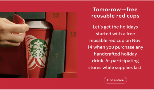 Starbucks Canada FREE Limited Edition Reusable Red Cup on November 14