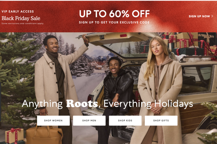 Roots Canada VIP Early Access Black Friday Sale: Save up to 60% off + up to 40% off Select Outerwear