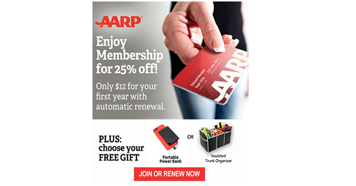 AARP for $12 + Get a Free Portable Power Bank or Insulated Trunk Organizer!