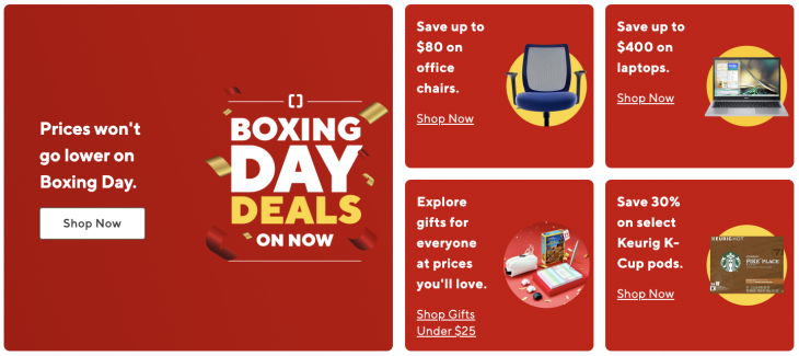 <div>Staples Canada Boxing Day Prices Deals: Save $400 on Laptops + $80 Off Office Chairs + Hot Offers on Luggage & Backpacks + Furniture + More</div>