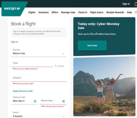 WestJet: Cyber Monday – Save up to 25% Off Select Base Fares (Dec 2)